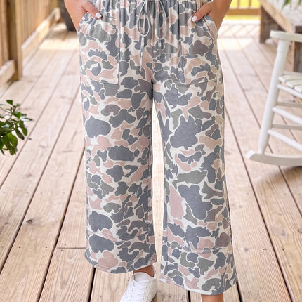 Khaki Camouflage Print Patch Pockets Ankle-Length Plus Size Pants