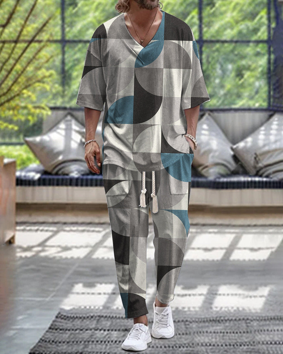 Cropped Sleeves V-neck Trousers Suit