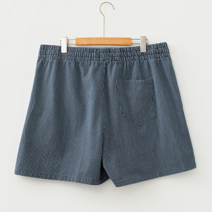 Blue Stripe Plus Size Contrast Drawstring Elastic Waist Denim Shorts