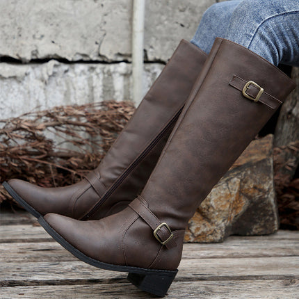 Large Size Thick Heel Square Buckle Test Zipper Boots Women