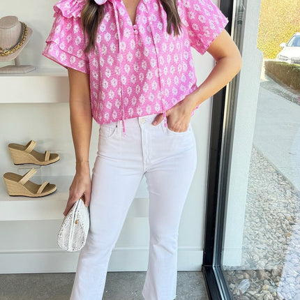 Pink Vintage Floral Ruffled Split Neck Short Sleeve Blouse
