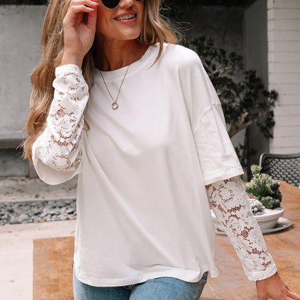 White Lace Long Sleeve Insert Drop Shoulder Tee