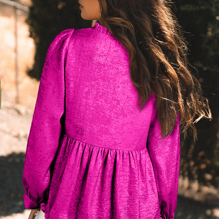 Rose Red Metallic Frilled V Neck Puff Sleeve Babydoll Blouse
