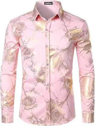 3D Golden Rose Print Slim Fit Long Sleeve Formal Wear Shirt