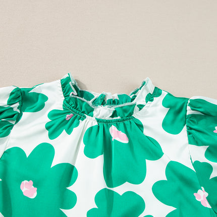 Green Floral Puff Sleeve Frill Neckline Blouse