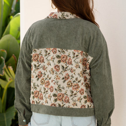 Sage Green Ribbed Retro Floral Patchwork Shirt Style Jacket