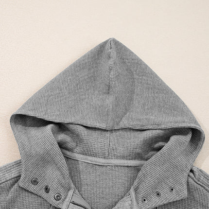Gray Waffle Splicing Zip Up Front Button Hooded Jacket