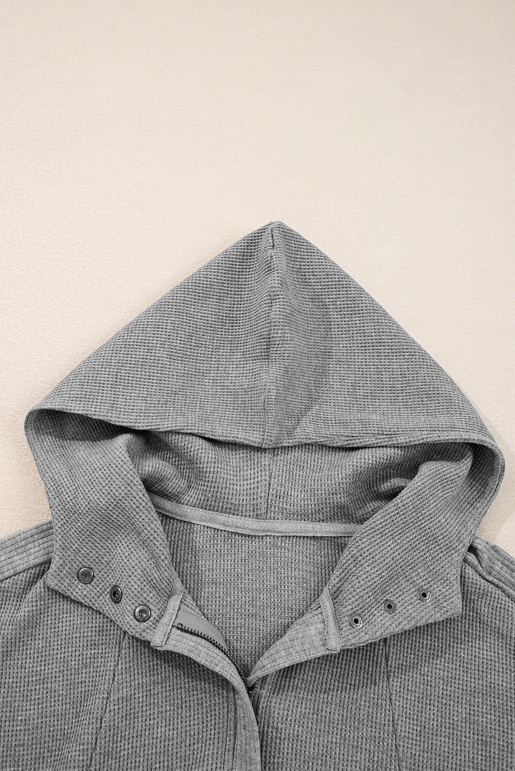 Gray Waffle Splicing Zip Up Front Button Hooded Jacket