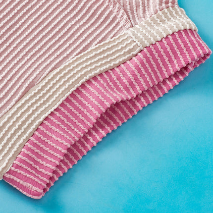 Light Pink Textured Contrast Trim Round Neck T Shirt