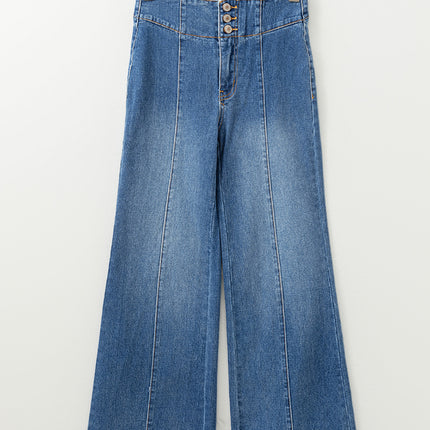 Sail Blue High Waist Button Fly Seamed Raw Hem Flare Jeans