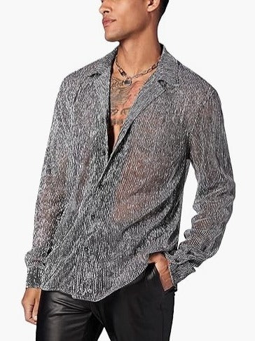 Fashion Shiny Crystal See-through Lapel Long Sleeve Shirt