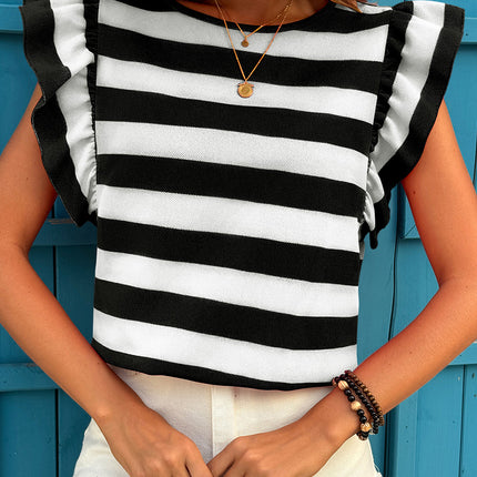 Black Stripe Flutter Sleeve Round Neck T Shirt