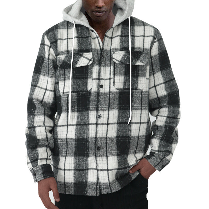 Loose Casual Flannel Jacquard Long Sleeve Hooded Plaid Shirt