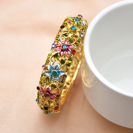 Vintage Court-Style Hand-Painted Bracelet With Diamond-Inlaid Hollow Sea Poppy Design, Entirely Handcrafted
