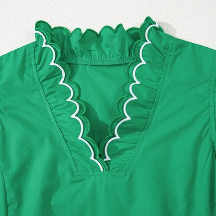 Bright Green Contrast Scallop Trim Layered Short Sleeve V Neck Blouse
