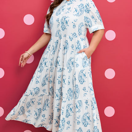 Sky Blue Plus Size Geometric Floral Print Button Split Neck Short Sleeve Maxi Dress