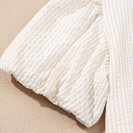 Beige Stripe Seersucker Contrast Round Neck Puff Sleeve T Shirt Dress