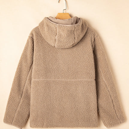 Pale Khaki Fleece Zip Up Drawstring Hooded Pocketed Jacket