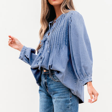 Myosotis Denim Front Pintuck Bow Tie Puff Sleeve Top