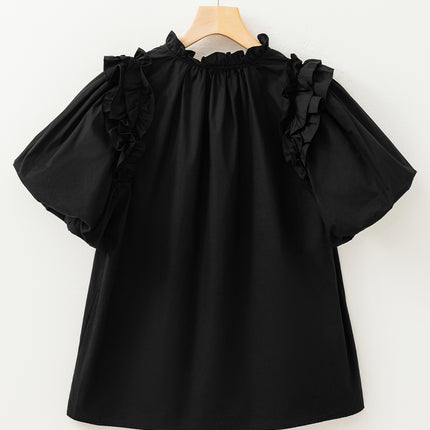 Black Ruffled Puff Short Sleeve Loose Blouse