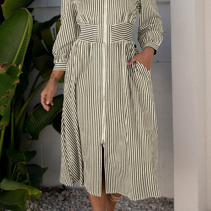 Black Stripe V Neck Zip Front Cinched High Waist Midi Dress