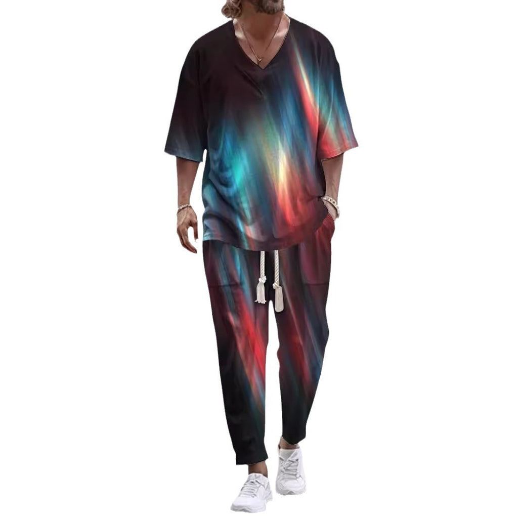 Cropped Sleeves V-neck Trousers Suit