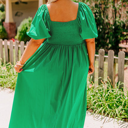 Bright Green Ruched Front Puff Sleeve Plus Size Long Dress