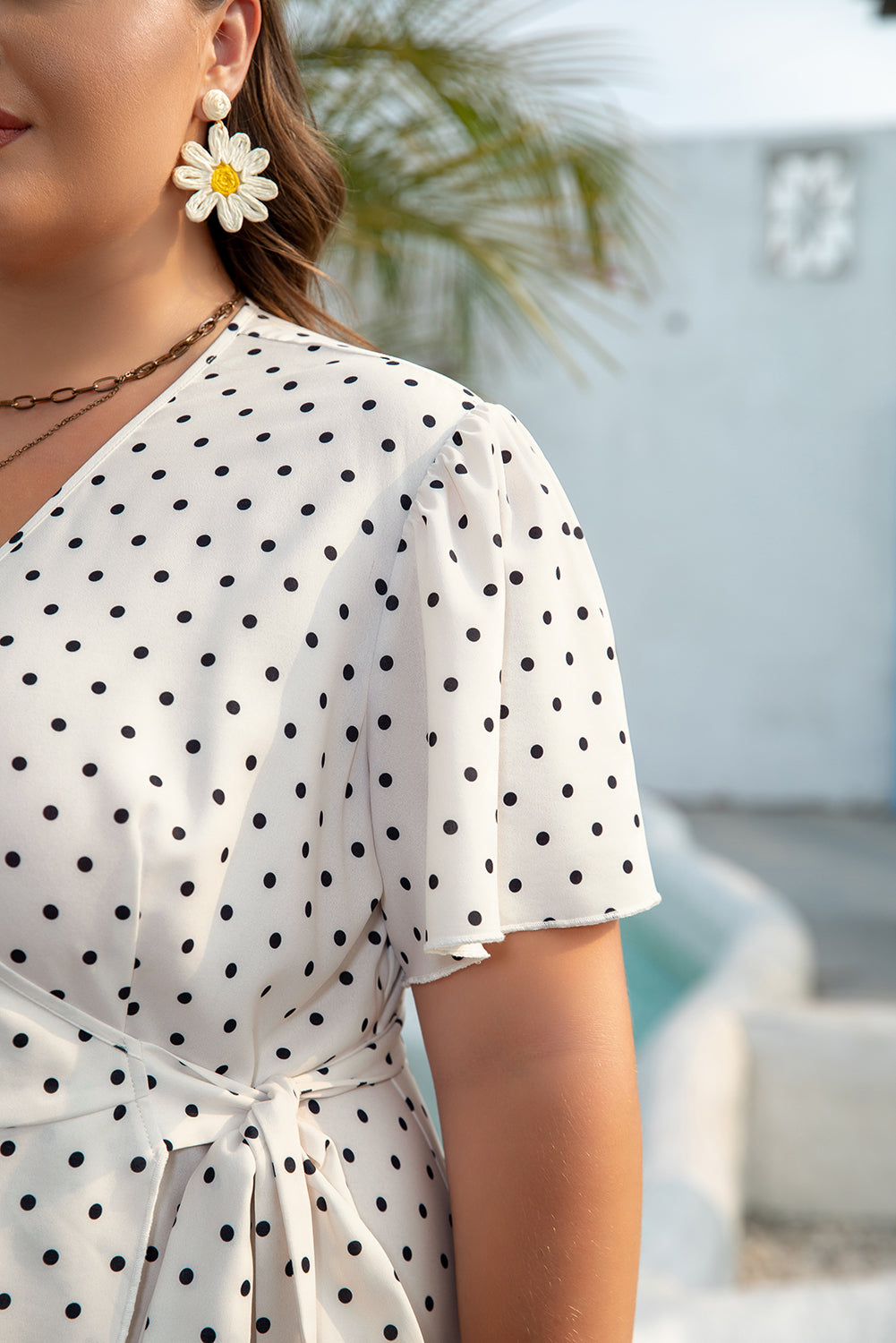 Khaki Polka Dot Surplice V Neck Tied Waist Flutter Sleeve Flowy Plus Size Midi Dress