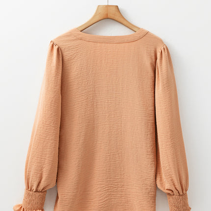 Straw Yellow Solid Color Shirred Cuff Notch V Neck Blouse