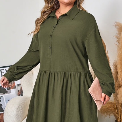 Four Leaf Clover Plus Size Collar Half Button Long Sleeve Ruffle Hem Mini Dress