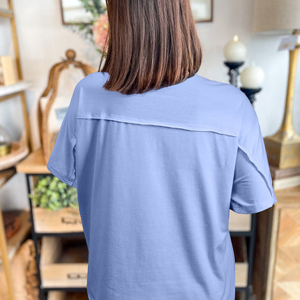 Sky Blue Flower Patched Exposed Stitching Trim Crew Neck Loose Tee