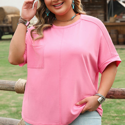 Bonbon Corded Patchwork Pocketed Plus Size T Shirt