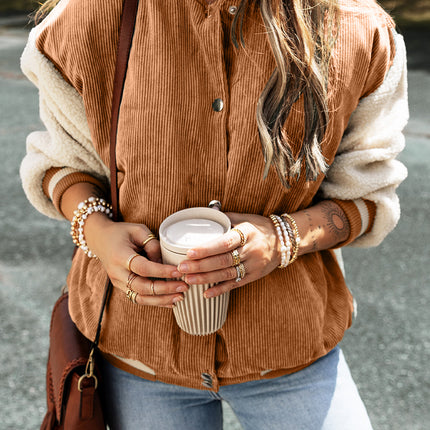 Buckskin Corduroy Fleece Patchwork Buttoned Bomber Jacket