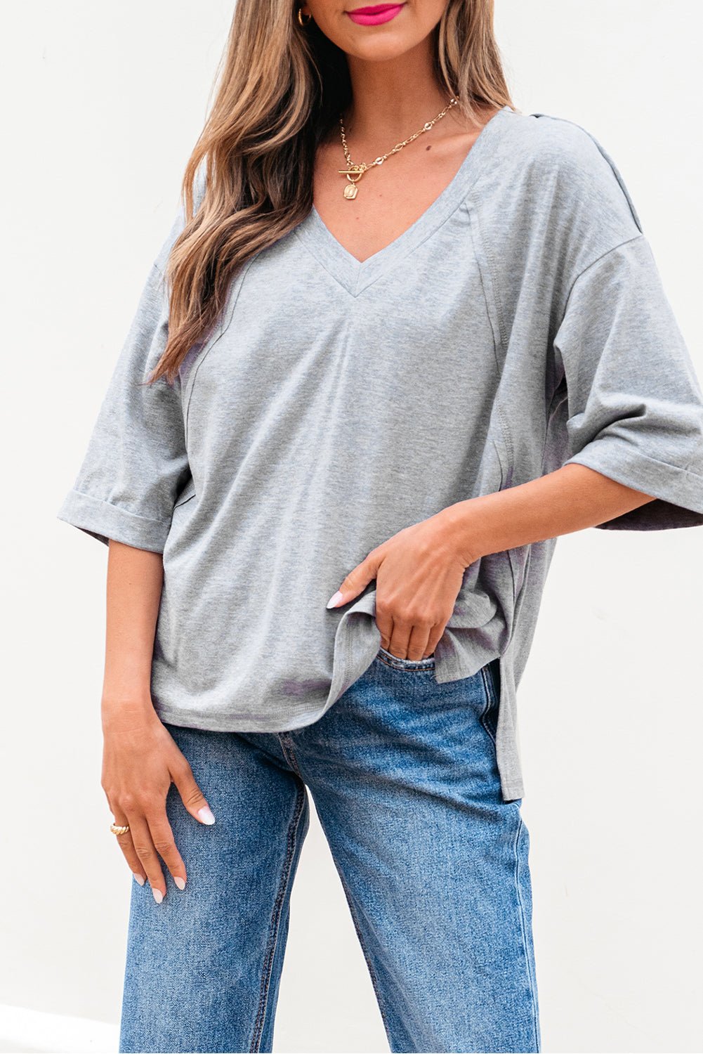 High Raglan Half Sleeve V Neck Oversized T Shirt