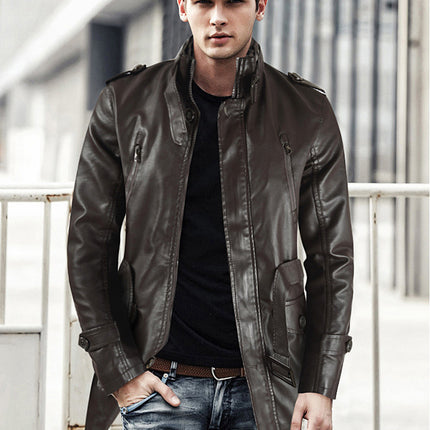 Men's Mid-length Leather Coat Stand Collar Fleece-lined Thickened