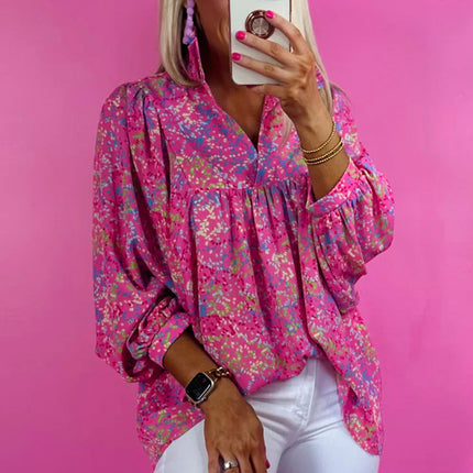 Bonbon Abstract Print Collared V Neck Babydoll Blouse