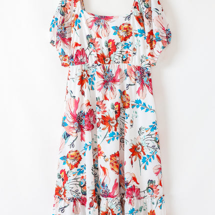 White Floral Square Neck Puff Sleeve Flowy Plus Size Midi Dress