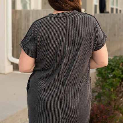 Carbon Grey Corded V Neck Plus Size T Shirt Dress with Pockets