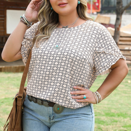 Khaki Plus Size Geometric Print Ruffled Sleeve Blouse