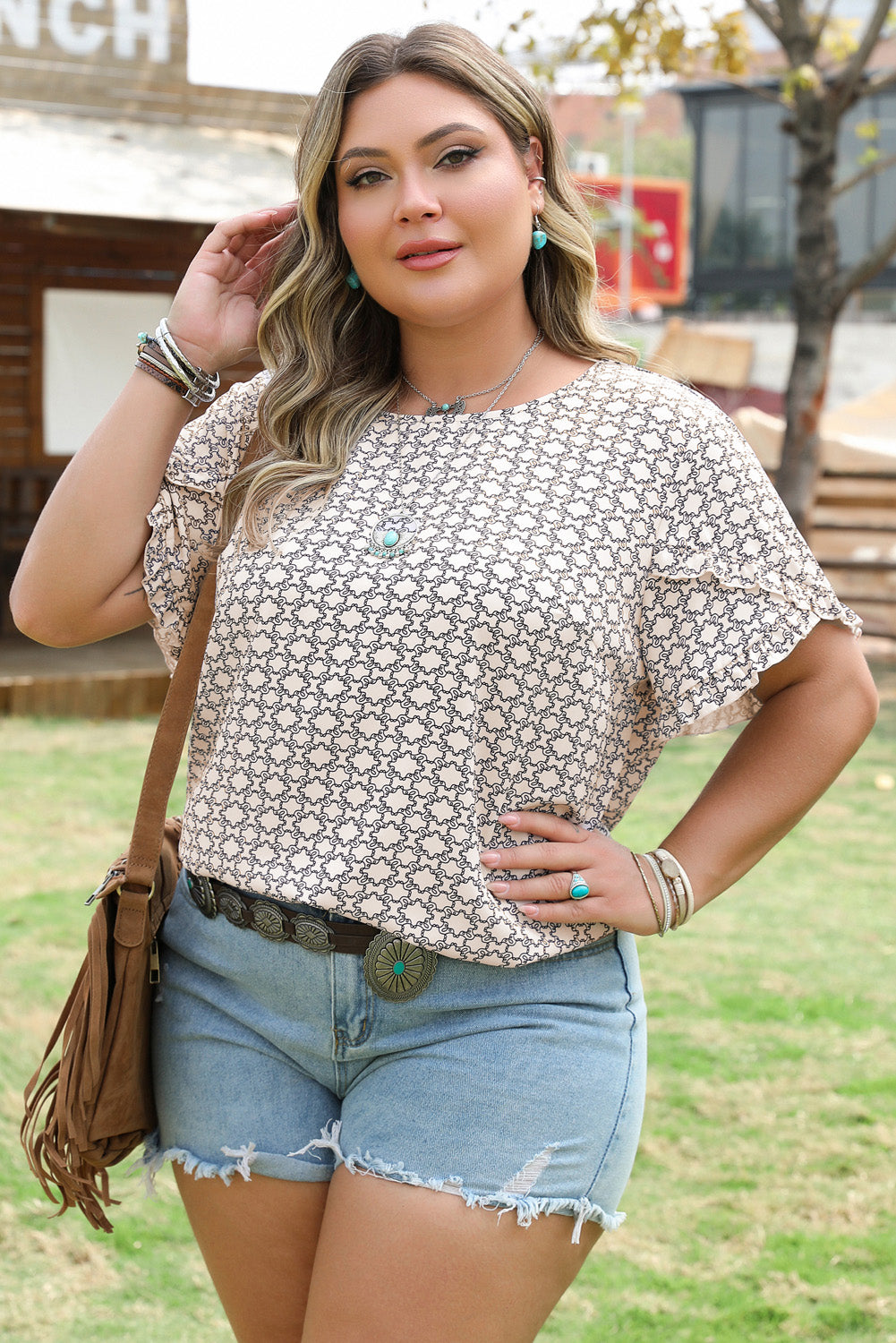 Khaki Plus Size Geometric Print Ruffled Sleeve Blouse