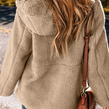 Pale Khaki Fleece Zip Up Drawstring Hooded Pocketed Jacket