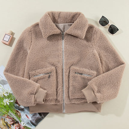 Light French Beige Zipper Pocketed Winter Fuzzy Jacket