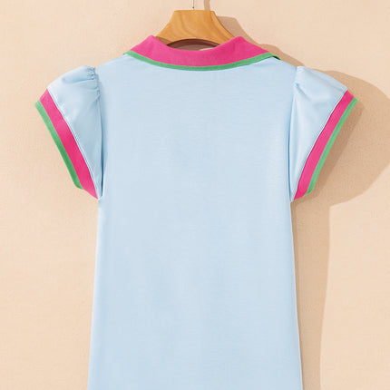 Beau Blue Color Contrast Ruffled Sleeve Collared V Neck Blouse