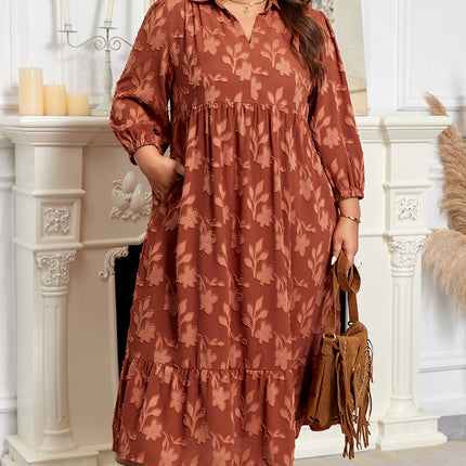 Cinnamon Plus Size Textured 3D Flower Pattern Ruffle Hem 3/4 Sleeve Long Dress