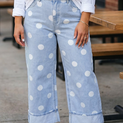 Sky Blue Polka Dot Full Length Regular Fit Plus Size Jeans
