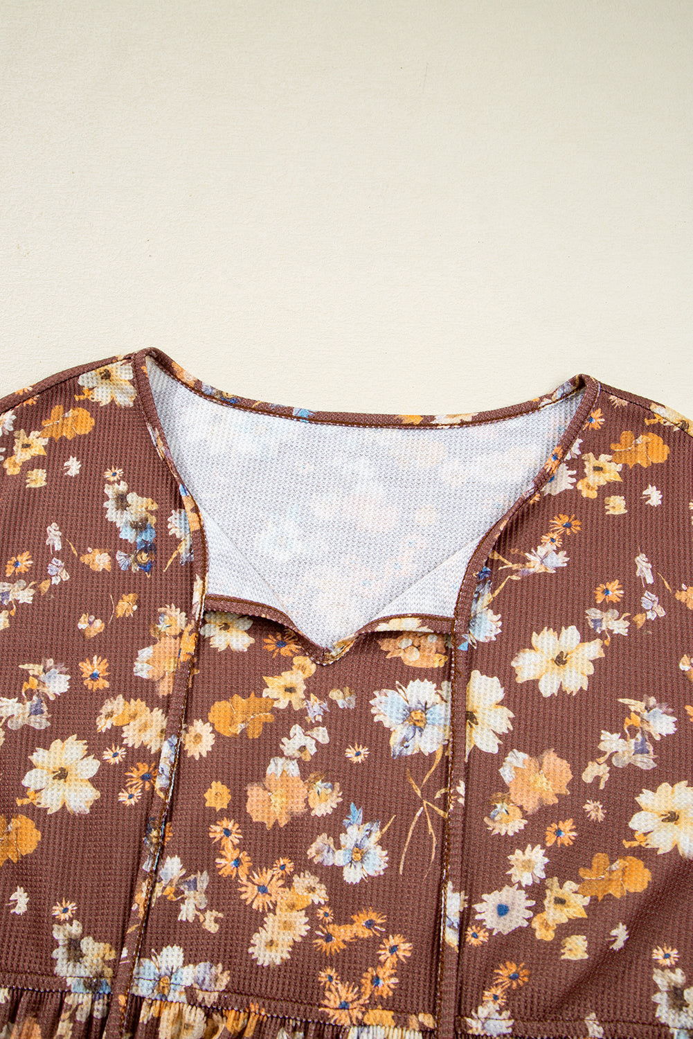 Khaki Floral Textured Tied Neck Long Sleeve Plus Size Babydoll Blouse