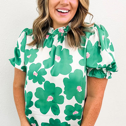 Green Floral Puff Sleeve Frill Neckline Blouse