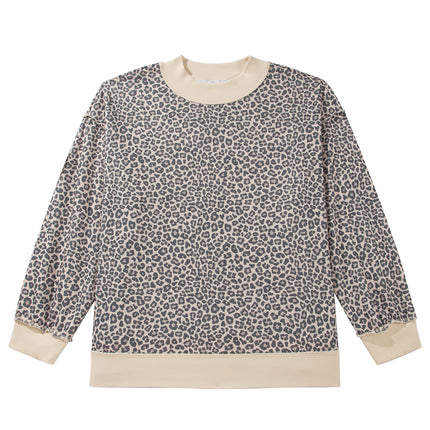Multicolour Plus Size Leopard Print Ribbed Color Block Mock Neck Tunic Sweatshirt