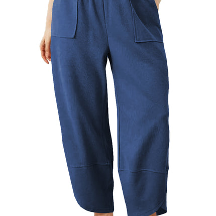 Sail Blue Plus Size Elastic Waist Asymmetrical Hem Loose Capris Pants