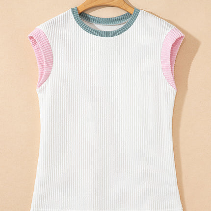 White Color Block Corded Knit Crew Neck Tee